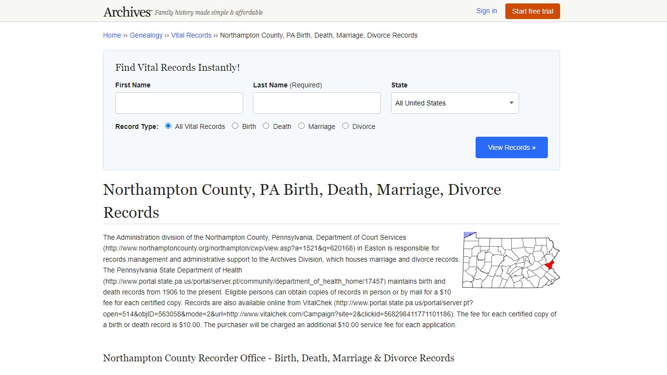 Northampton County, PA Birth, Death, Marriage, Divorce Records